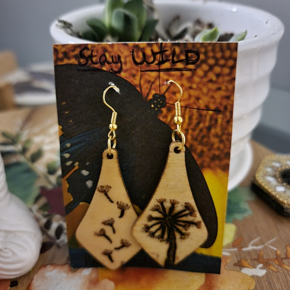 Handmade Dandelion Woodburned Earrings